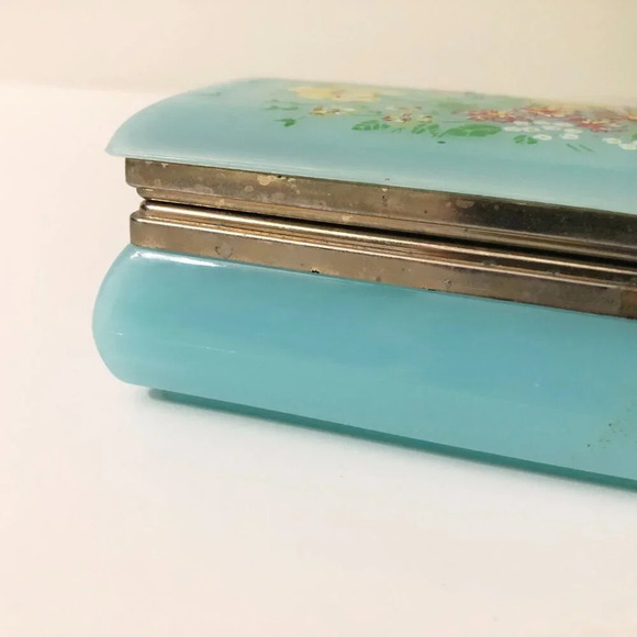 Vintage Trinket Box Blue Plastic Hong Kong Hinged Floral Case Flaws - Picture 11 of 16